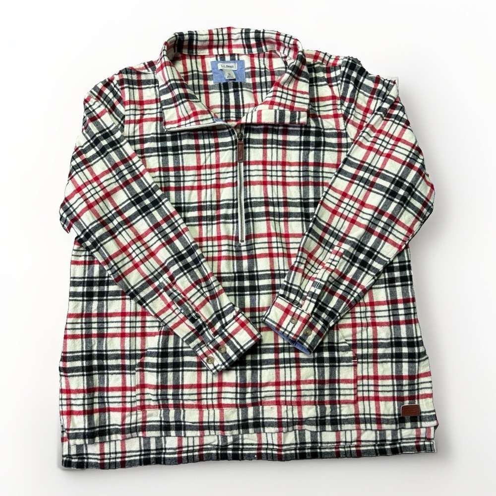 L.L.Bean Women XL Plaid Quarter Zip Flannel Pullover Pockets Cotton 508966